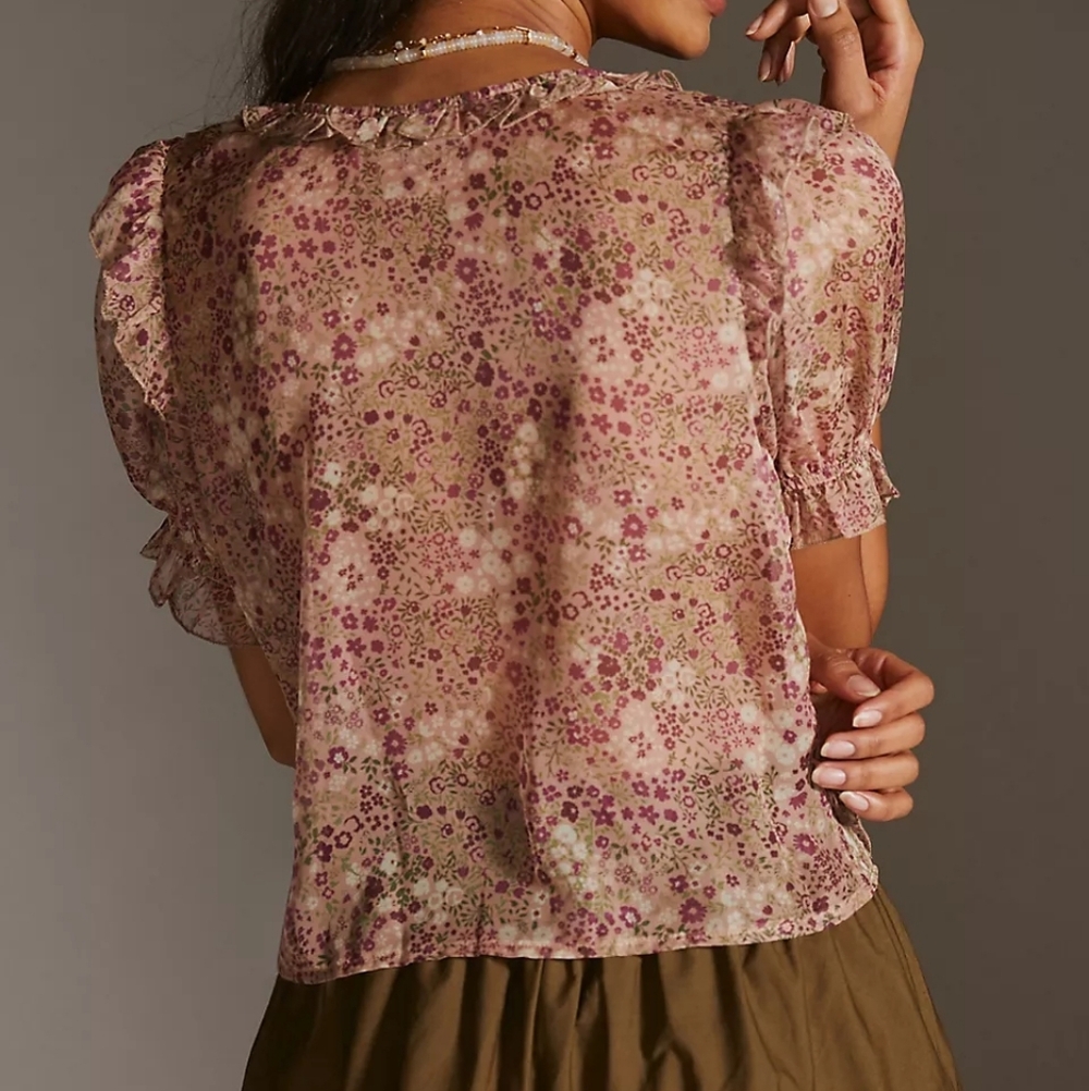 Anthropologie Floral Sheer Cropped Puff Sleeve Blouse PXXS - Picture 2 of 15